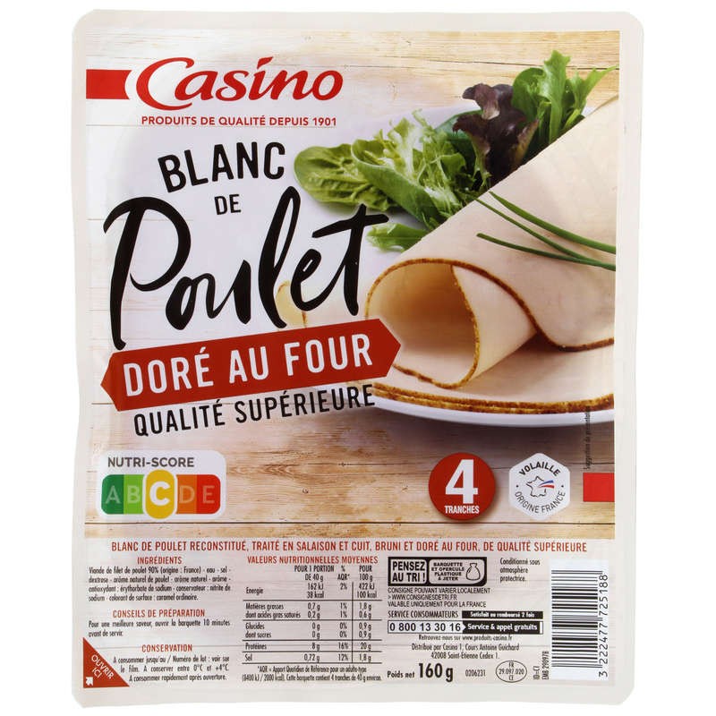 CASINO Blanc de poulet doré au four 4 tranches 160g CASINO Blanc de poulet doré au four 4 tranches 160g